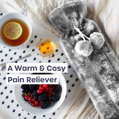 Long Hot Water Bottle for Back Ache and Pain Relief - 2L Soft Grey Plush Covered Hot Water Bottle - Luxury, Washable and Reusable Hot Water Bag