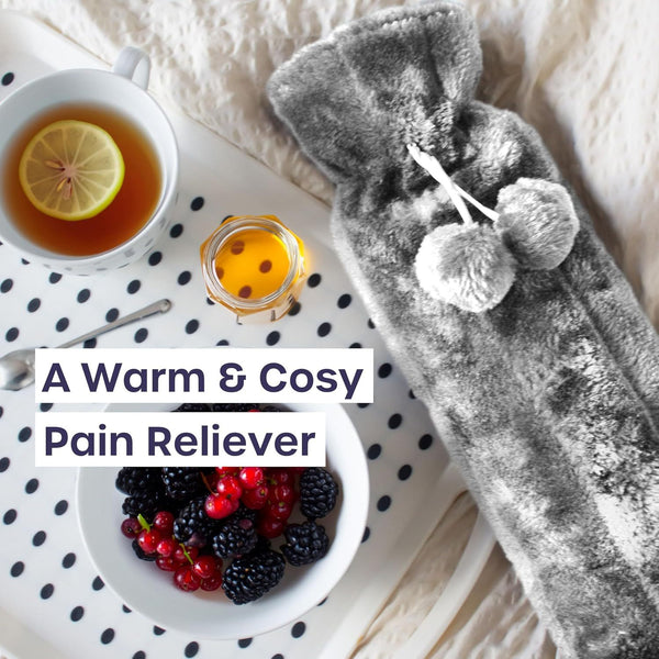Long Hot Water Bottle for Back Ache and Pain Relief - 2L Soft Grey Plush Covered Hot Water Bottle - Luxury, Washable and Reusable Hot Water Bag