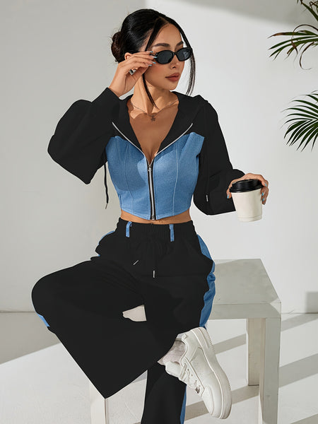 Women'S Suit Featuring a Two-Piece Set with Contrasting Colors, a Short Zip-Up Jacket with Long Sleeves for Spring And Autumn, Paired with Straight-Cut Elegant Casual Pants