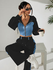Women'S Suit Featuring a Two-Piece Set with Contrasting Colors, a Short Zip-Up Jacket with Long Sleeves for Spring And Autumn, Paired with Straight-Cut Elegant Casual Pants