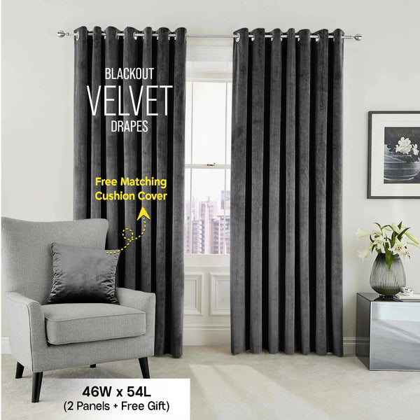 2pc Luxury Velvet Curtain Panels with Free Matching Velvet Cushion Cover – Thermal Insulated Grommet Top Drapes, Energy Saving Curtain Panels for Bedroom & Living Room Home Decor, Perfect Holiday Gift