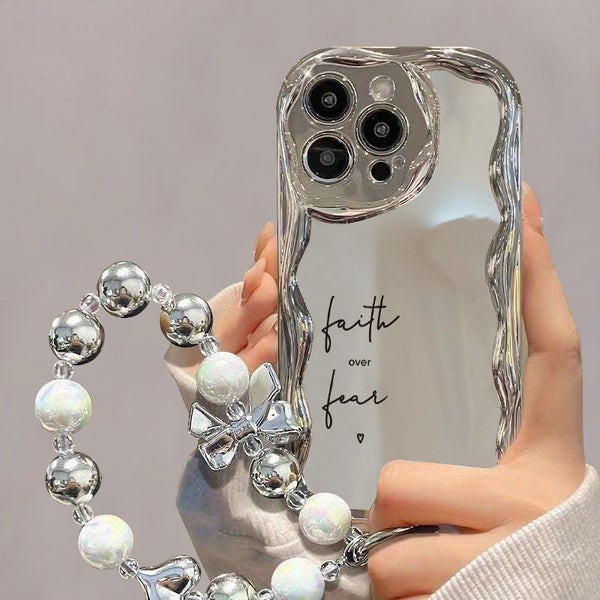 Mobile Phone Case with a Unique Electroplated Silver Design Featuring a Curved Edge Pattern And a Pearl Bracelet Lanyard. It'S Durable, Anti-Fall, And Compatible with Iphone 11 Through 16, Including Pro And Plus Versions