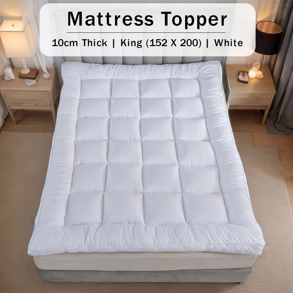 10cm Hotel Quality Mattress Topper | Super Soft with 1000GSM Hollowfiber Filling | Elasticized Corner Straps | White Blue Grey | Single, Small Double (4ft), Double, King, Super King Size