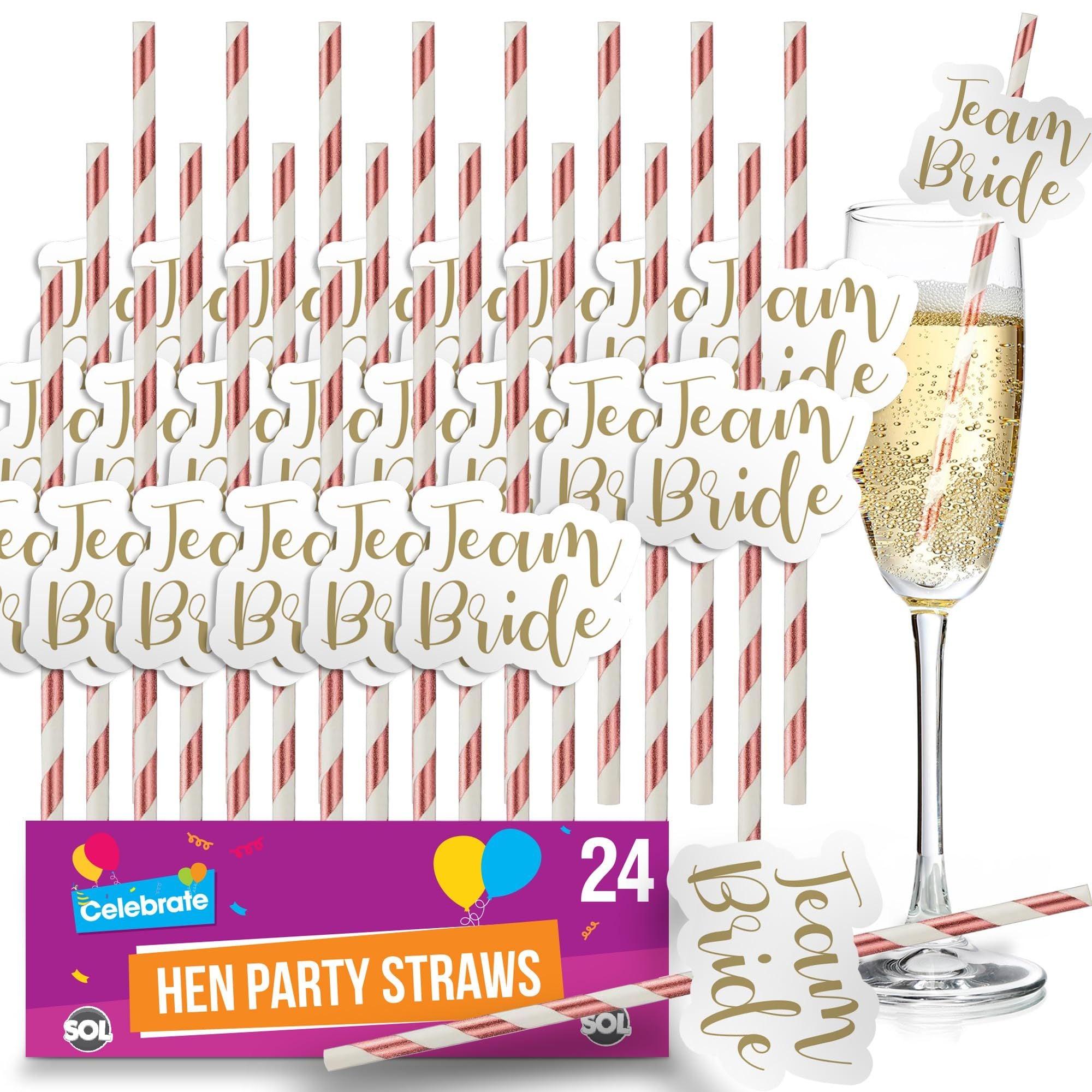 SOL 24 Pack Hen Party Straws | Rose Gold Team Bride & Bride-to-Be Drinking Straws | Funny Willy Straws for Bachelorette, Bridal Shower & Hen Do Accessories | Novelty Party Bag Fillers for Cocktails, Mocktails & Pre-Wedding Celebrations