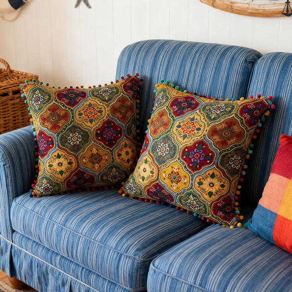 18x18 Inch Reversible Turkish Pattern Pillows (Set of 2 with Inserts) - Romantic Turkey Boho Floral Double Sided Design, Premium Polyester Cover & Fill, Decorative Accent Pillows for Sofa, Chair, Bedroom