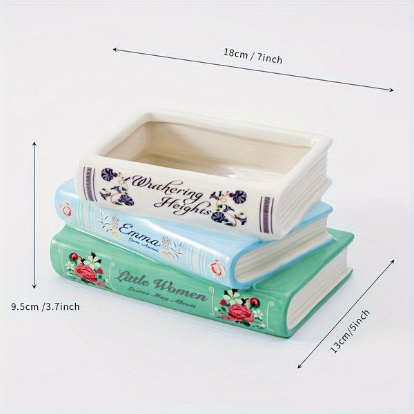 One Creative Three-Tiered Ceramic Book-Shaped Vase, a Unique Ceramic Flower Pot for Home Decoration, Suitable for Living Room, Bookshelf, Fireplace Mantel, And Dining Table Decoration.
