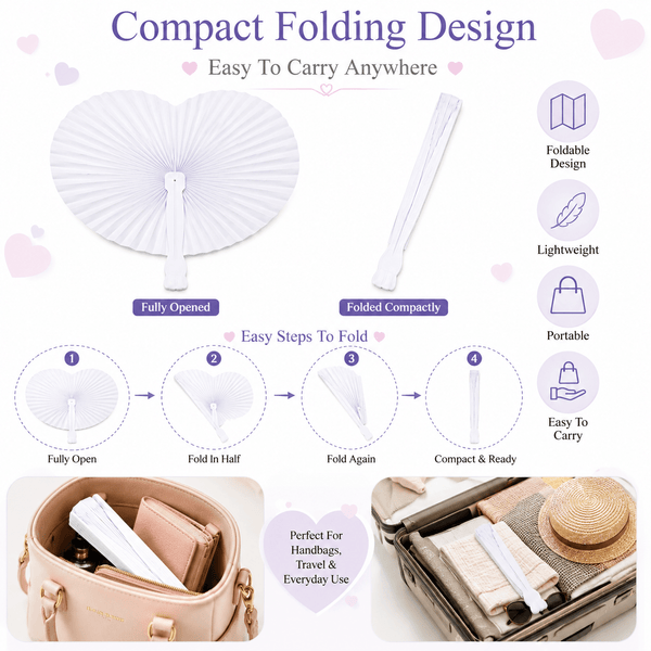 12pcs White Heart Folding Paper Fan with Plastic Handle Hand Fan for Weddings Parties Summer Events