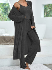 Women's casual home suit solid color mid-length cardigan solid color camisole imitation lace-up trousers three-piece suit for women