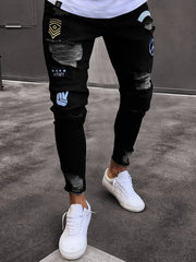 Men's Ripped Jeans with Doll Figure Pattern, Youth Zhang Zai Embroidery, Trendy Skinny Tapered Fit Denim Pants