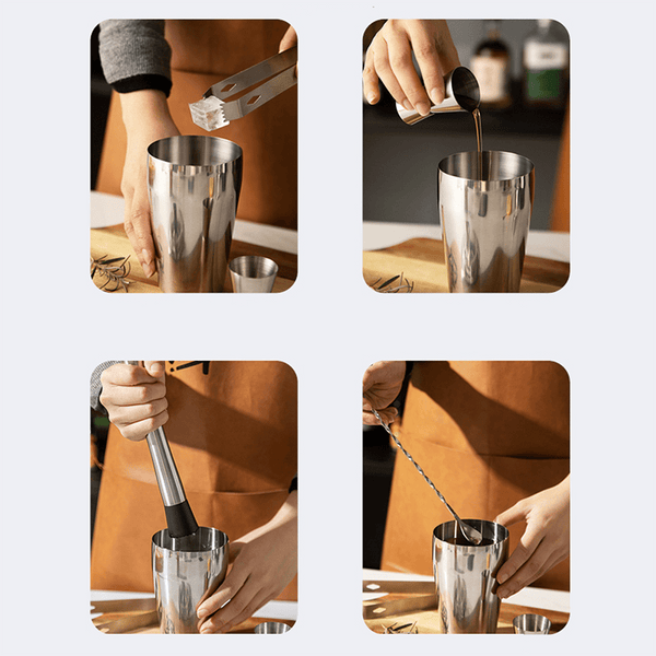 Mixology Bartender Kit Stainless Steel Cocktail Shaker Set with Wooden Stand, Bartender Kit 10 Pieces Bar Accessories for Home Bar Tools with a 25 oz Drink Shaker, Drink Mixer Plus Recipes