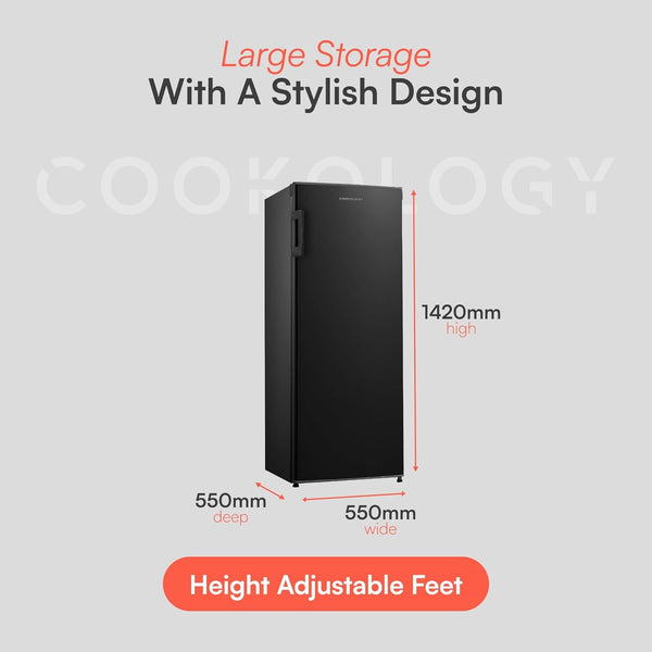 Cookology CTFZ160BK Tall Freestanding Freezer - Upright Freezer with 160 Litre Capacity - 142Cm High and 55Cm Wide - 5 Large Compartments - Reversible Door - Black