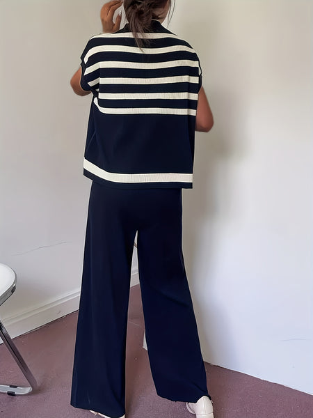 Spring/Summer Women's Fashion Set: Simple High-End Striped Vest Top + Fashionable Loose Wide-Leg Pants, Striped Color-Block Casual Outfit