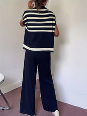 Spring/Summer Women's Fashion Set: Simple High-End Striped Vest Top + Fashionable Loose Wide-Leg Pants, Striped Color-Block Casual Outfit