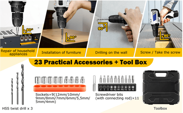 Cordless Drill Driver Power Combi Drill Kit Electric Screwdriver Set with 2-Speed, 18+1 Torque 3/8