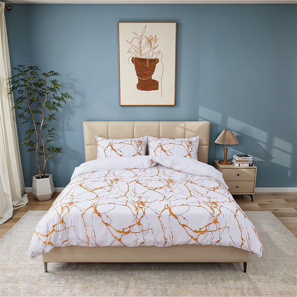 1set White Gilded Marble Pattern Duvet Cover Pillowcase Three-Piece Bedding Set with 2 Pillowcases for All Seasons and 1 Soft Duvet Cover Home Bedding Three-Piece Set