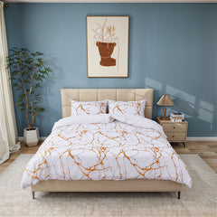 1set White Gilded Marble Pattern Duvet Cover Pillowcase Three-Piece Bedding Set with 2 Pillowcases for All Seasons and 1 Soft Duvet Cover Home Bedding Three-Piece Set