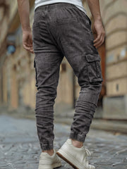 Men'S Slim Fit Multi-Pocket Jeans, Four Seasons Workwear Denim Trousers for Men, Washed Micro-Elastic Fabric, Elastic Waistband, Suitable for Leisure And Work