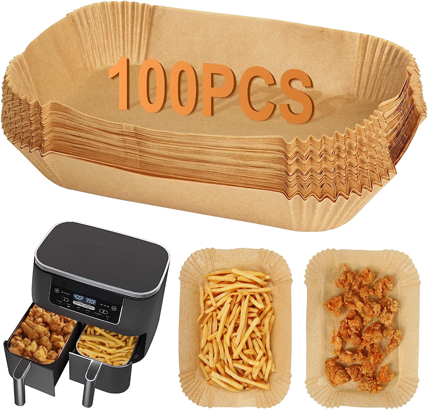 BYKITCHEN 100Pcs Air Fryer Liners for Ninja Dual, Air Fryer AF300UK AF400UK Accessories, Disposable Airfryer Parchment Paper Liners, Compatible with Ninja, Breville, Tower & Other Dual Zone Fryers