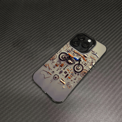Phone Case - A Colorful Silver Phone Case Featuring a Retro Motorcycle Parts Disassembled Art Design, Compatible with Various for Iphone Including for Iphone 17 Pro Max, 16, 15, 14, 13, 12, And 11 Series, Designed to Be Stylish And Anti-Fall