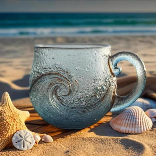 Sea Glass Wave Coffee Mug, 12oz Ocean Wave Glass Mug with Handle, Frosted Captivating Artistic Beach Theme Coffee Cups Gift for Ocean Lovers, Drinking Coffee, Tea, Wine, Cocktails