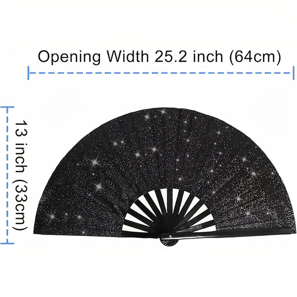 2pcs Large Matte Black Folding Fans - Elegant Chinese Kung Fu & Tai Chi Design with Sparkling Stars, Durable Nylon Fabric for Martial Arts, Dance Performances, Home Decor, Gifts - Retro Style, Performance Essentials | Retro Style Fans, Without Battery