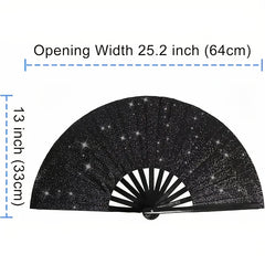 2pcs Large Matte Black Folding Fans - Elegant Chinese Kung Fu & Tai Chi Design with Sparkling Stars, Durable Nylon Fabric for Martial Arts, Dance Performances, Home Decor, Gifts - Retro Style, Performance Essentials | Retro Style Fans, Without Battery