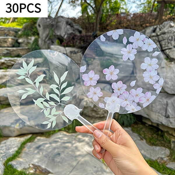 30pcs Elegant Floral Hand Fans, Craft with Plastic Handle, Pink Cherry Blossom And Green Leaves Design for Weddings, Music Festivals, Outdoor Events, Parties
