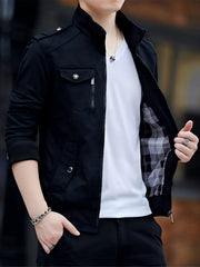 Men'S Solid Color Plaid Lining Cargo Jacket Autumn And Winter Multi-Pocket Design Stylish Long Sleeve Stand Collar Street Jacket Outdoor Coat Locomotive Jacket