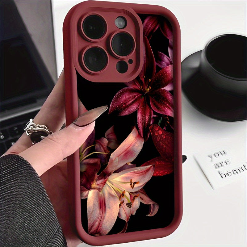 Phone Case: Phone Case - Dark Aesthetic Premium Wine Red Lily Pattern Phone Case with Water Droplets for iPhone 17 Air/16/15/14/13/12/11/Plus/Pro/Pro Max and Galaxy S, A Series.Gift for Friends, Boys, Girls or Family.