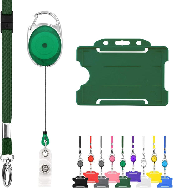 Retractable Lanyard and Badge Holder Trio Triple Pack by Lanyardstomorrow - Set Includes a Single Plain Lanyard, Extendable Carabiner Yoyo Reel Clip and Rigid ID Card Holder (Black)