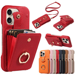 Multi Functional Phone Case for iPhone 17 Pro Max 16 15 14 13 12 11 Faux Leather Accordion Flip Cover with Ring Holder Crossbody Strap Long Lanyard Multi Card Slots Anti Drop