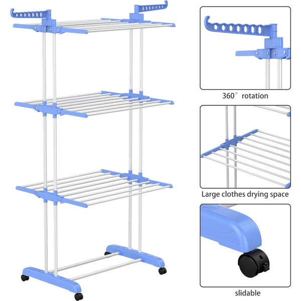 4 Tier Large Clothes Airer with Wings, Retractable Folding Drying Rack with Wheels for Indoor & Outdoor Use, 190 × 64 × 170 cm, Grey
