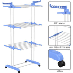 4 Tier Large Clothes Airer with Wings, Retractable Folding Drying Rack with Wheels for Indoor & Outdoor Use, 190 × 64 × 170 cm, Grey
