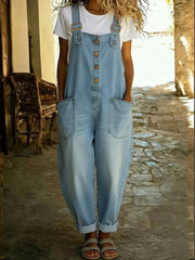 Womens Elastic Vintage Washed Denim Overalls Casual Loose Fit Wide Leg Jumpsuit Slouchy Cargo Bib Overalls with Pockets Adjustable Straps Button Jean Romper for Weekend Camping Outdoor Outfits