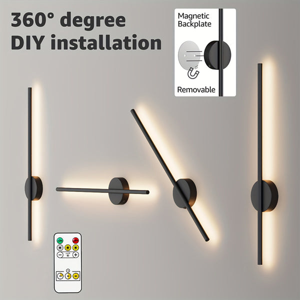 2pcs 50cm Rechargeable Wall Sconce Lights, Battery Operated Wall Lights 3 Color Temperature, Wall Lamp Dimmable Wireless with Remote Control Black for Living Room Bedroom