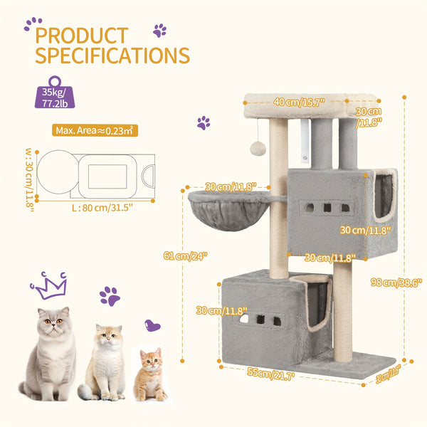 98 Cm Scratching Post, Cat Tree, Small Scratching Post, Multi-Storey Scratching Post with Perch, Cat House Furniture with 2 Caves, Sisal Cat Scratching Post, Hammock, Cave