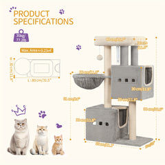 98 Cm Scratching Post, Cat Tree, Small Scratching Post, Multi-Storey Scratching Post with Perch, Cat House Furniture with 2 Caves, Sisal Cat Scratching Post, Hammock, Cave
