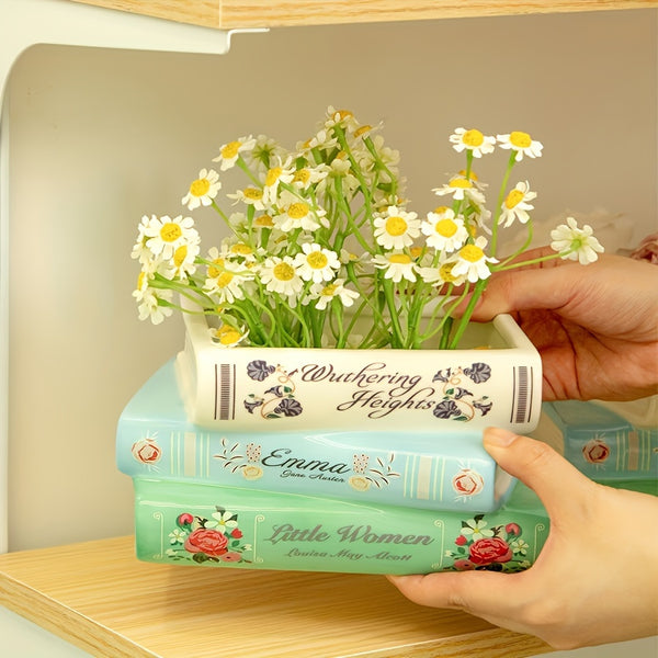 One Creative Three-Tiered Ceramic Book-Shaped Vase, a Unique Ceramic Flower Pot for Home Decoration, Suitable for Living Room, Bookshelf, Fireplace Mantel, And Dining Table Decoration.