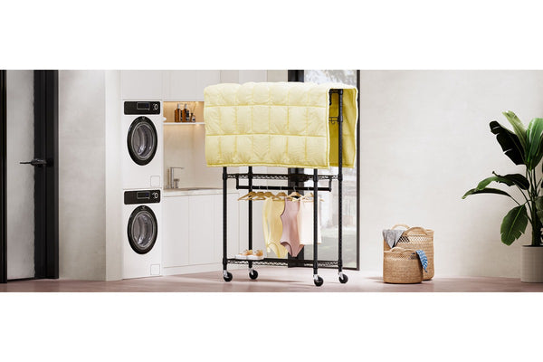 M MZG Heavy Duty Easy to Assemble - Multi-functional Removable Clothes Rack - with Three Shelves, Side Hooks And Locking Casters - Sturdy And Durable - Suitable for Bedroom, Living Room And Wardrobe Black