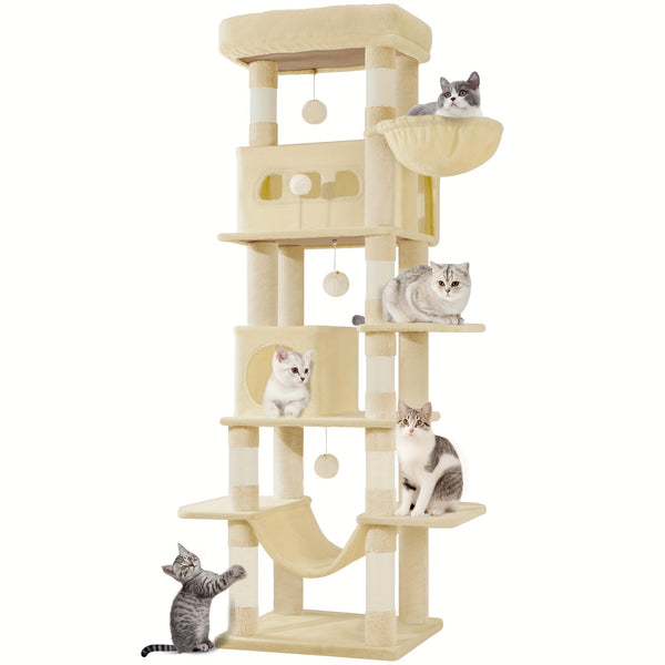 Cat Tree for Indoor Cats, 170cm Large Tall Cat Tower, Multi-Level Cats House with Condo, 8 Scratching Posts, Hammock, 4 Pom Poms
