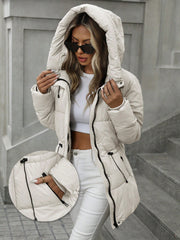 Women'S Thickened Warm Hooded Jacket for Autumn & Winter - Featuring Zipper, Fashionable Casual Adjustable Waistband, Mid-Length Puffy Coat, Suitable for Cold Autumn & Winter Days, Daily Commuting, Outdoor Activities