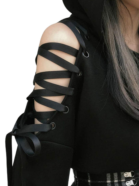 Womens Fashion Printing Sweatshirt Casual Bandage Long Sleeve Exposed Navel Hooded T-shirt