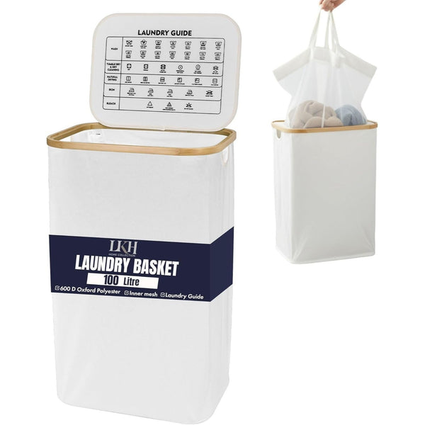 LKH Laundry Basket with Lid 100 litre | 600D Polyester Clothes Hamper for Laundry with Bamboo handles, Laundry Guide & Inner Mesh Bag | 44x33x70cm Laundry Basket Organizer for Dorm Laundry Room