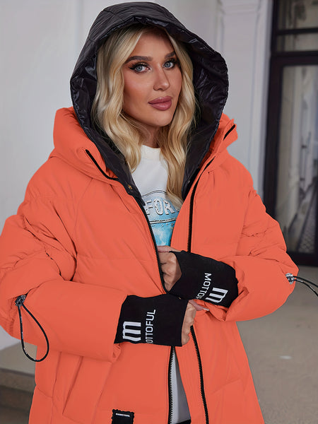Women's Winter Casual Warm Padded Coat with Fashionable Double Hood and Windproof Cuffs