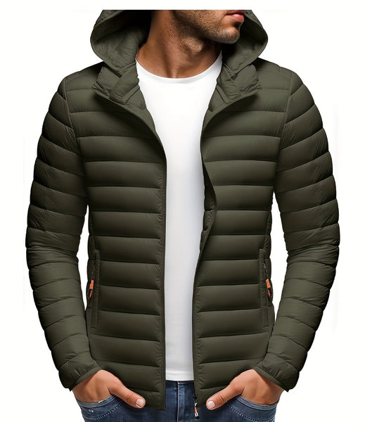 Men's Stand Collar Hooded Jacket - Warm, Windproof Thickened Coat, Detachable Hood, Solid Color Design, Thickened Nylon Fabric for Cold Weather, Casual Style, Zip Closure, Dry Clean Only, Winter Stand Collar Hooded Thickened Coat