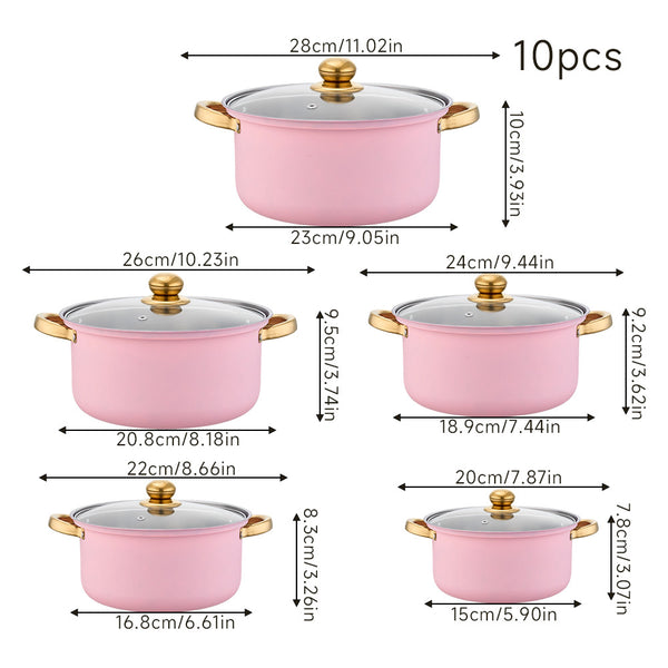 Stainless Steel Soup Pot Set (10PCS), Household Milk and Boiling Pots in Multiple Sizes, Ideal for Soup, Noodles and Hot Pot, Gold-Plated Handle, Pink