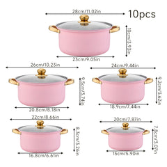 Stainless Steel Soup Pot Set (10PCS), Household Milk and Boiling Pots in Multiple Sizes, Ideal for Soup, Noodles and Hot Pot, Gold-Plated Handle, Pink