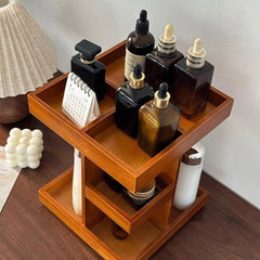 Wood Makeup Storage Box - 360-Degree Rotating Display Stand for Lipsticks, Skincare & Jewelry, Multi-Layer Organizer 22.5 * 22.5 * 27.5cm