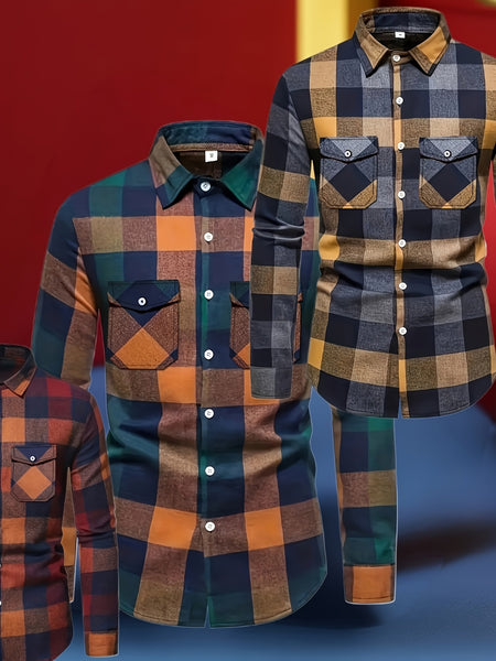 3 Men'S Plaid Shirt Top Lapel Long Sleeve Closure Men'S Casual Shirt Suitable for Men'S Daily Holiday Street Wear Casual Plaid Shirt Four Seasons Fashion Comfortable Fit Red, Blue And Black 3-Color Combination Pc Button Collar Chest Pocket