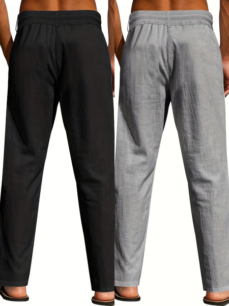 2pcs Men'S Linen Solid Color British Business Casual Straight Leg Pants with Drawstring Elastic Waistband And Button Design Casual Long Trousers Suitable for Outdoor Travel Fitness Exercise And Daily Wear Casual Outdoor Pants Linen Long Pants Lightw
